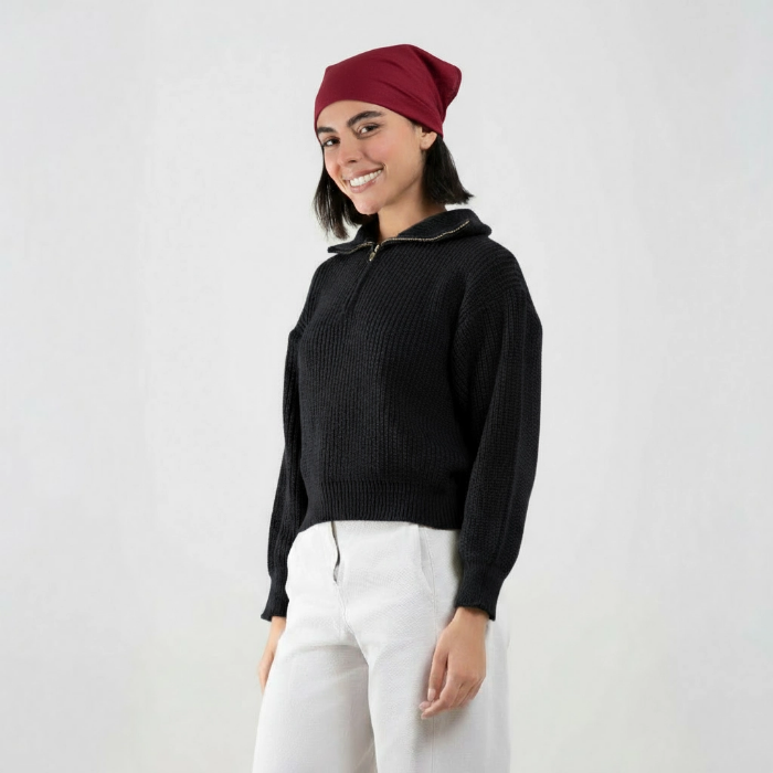 بافت زنانه نیم‌زیپ بهبود با یقه ایستاده، بافت ترندی و گرم برای استایل کژوال