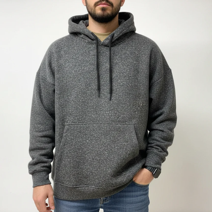 هودی مردانه مدل باکسی (Oversized) با طرح موکتی برجسته، کلاه‌دار و ضخیم، در رنگ