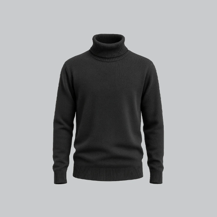 بافت یقه اسکی مردانه کلاسیک (Turtleneck) با یقه بلند، از جنس [نوع بافت] ضخیم، مناسب فصل زمستان.