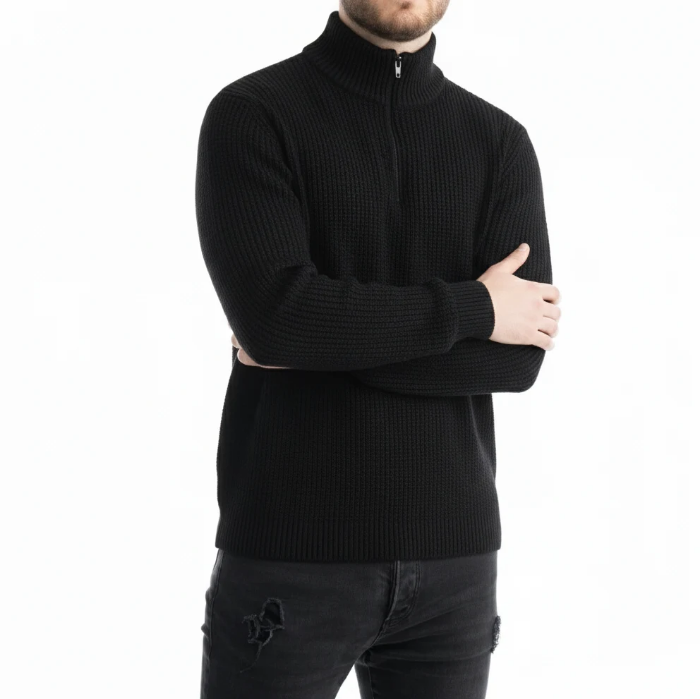 بافت نیم زیپ مردانه (Half-Zip) از جنس پنبه کشباف ضخیم، با یقه ایستاده و مناسب فصول سرد.