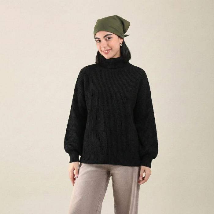 تصویر  بافت یقه اسکی زنانه یقه بلند کلاسیک